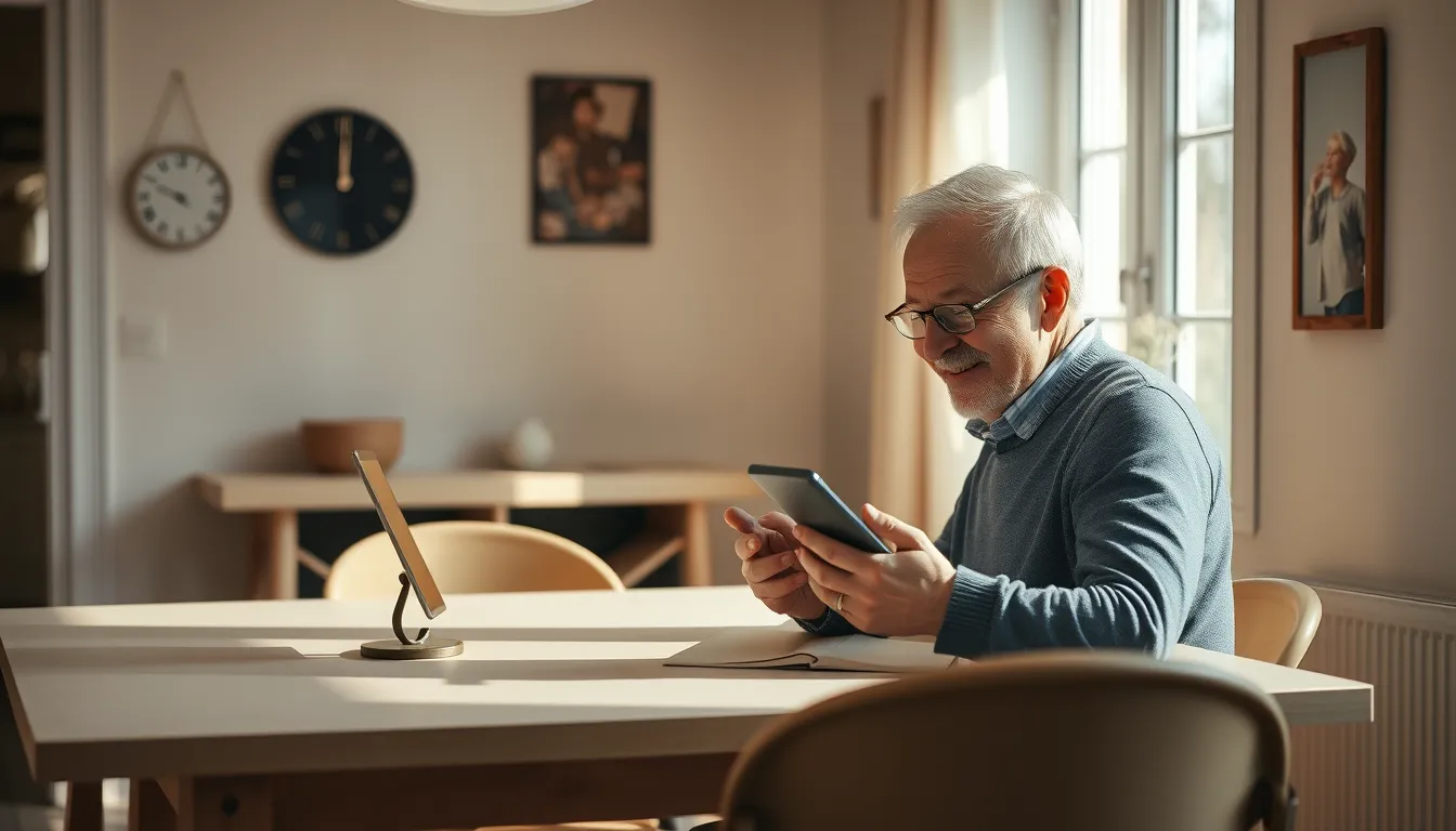 Ældre mand sidder ved et spisebord i varmt dagslys og smiler til en tablet under et videoopkald